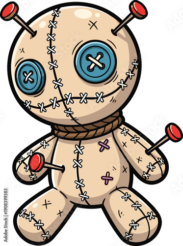 Cute Cartoon Voodoo Doll Illustration with Button Eyes Stitched Seams and Pins Isolated on White for Halloween and Occult Concepts