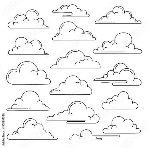 Collection of Cloud Illustrations Depicting Various Forms and Shapes in a Simple Line Art Style