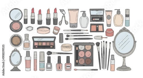 Large assortment of makeup products including lipstick, brushes, eyeshadow, mirrors, and nail polish is artistically arranged in a set.
