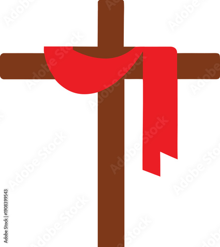 Brown Cross with Red Ribbon on White Background