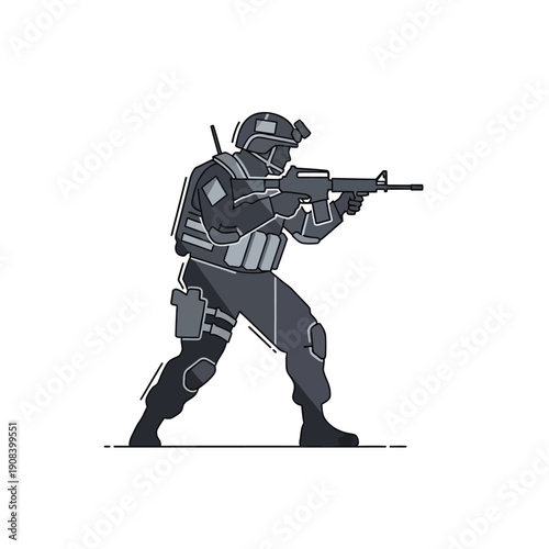 Soldier aiming rifle, tactical gear, combat ready, military, special forces, action pose