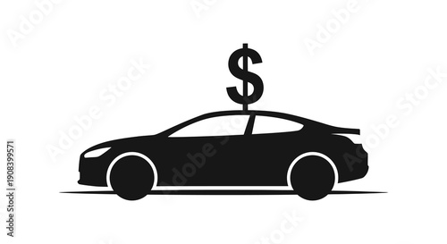 A stark black silhouette depicts a modern car with a prominent dollar sign positioned directly above it