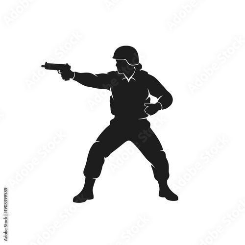 Silhouette of a soldier aiming a handgun, tactical gear, combat stance, armed forces, military action
