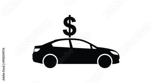 A stark black silhouette depicts a modern sedan with a prominent dollar sign above it high quality professional