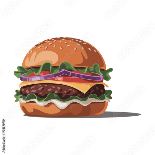 Delicious cheeseburger with lettuce, tomato, and onion on sesame seed bun