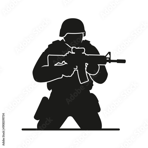 Soldier kneeling with assault rifle, tactical gear, military action silhouette