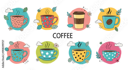 Set of eight unique and colorful coffee cups with various patterns and rising steam is shown against round colored backgrounds.