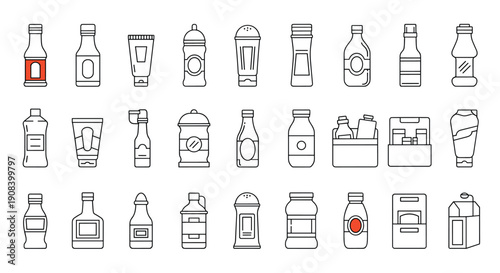 Set of simple outline icons representing many different types of bottles, jars, and tubes is arranged in a grid with red accents.