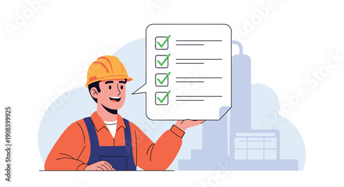 Smiling construction worker in an orange safety uniform and hard hat holds up a giant white checklist with several green check marks.