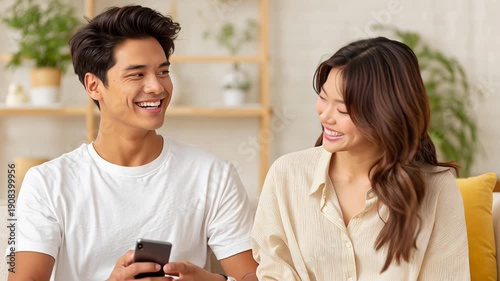 Smiling couple enjoying a smartphone together at home in a cozy living room