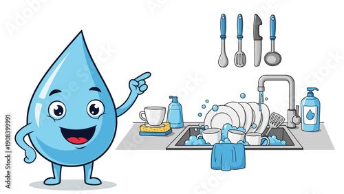 Happy blue water drop character pointing toward a kitchen sink filled with soapy bubbles and dirty dishes waiting to be washed.