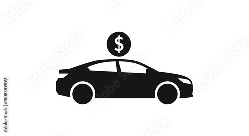 A simple black silhouette depicts a sedan car with a dollar sign hovering above it symbolizing automotive costs