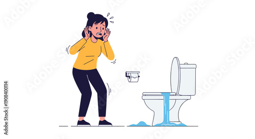 Stressed woman looking shocked and panicked while water leaks from overflowing toilet in bathroom plumbing emergency.