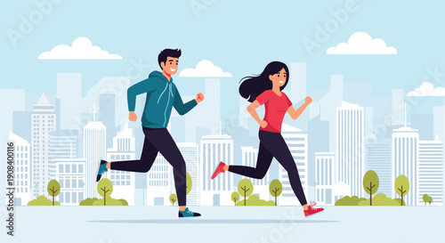 Athletic man and woman running on city street with skyscrapers and urban skyline background for urban marathon concept.