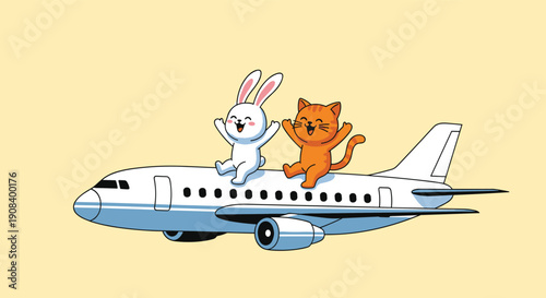 Cute cat and rabbit characters happily sitting on top of flying white airplane for travel and vacation concepts.