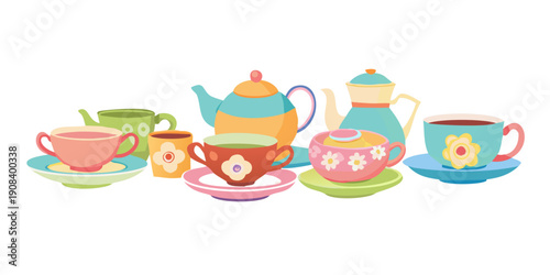 ea party vector icon set. Colorful teacups teapots saucers pitchers. Flat design kitchen crockery tableware. Afternoon tea ceremony collection illustration. vector icon