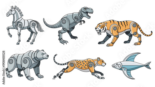 Collection of mechanical robot animals including a horse dinosaur tiger bear cheetah and fish with metallic parts and visible joints.