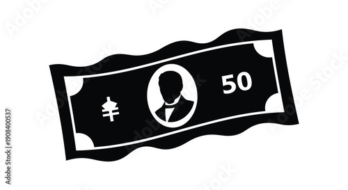 A stylized black and white illustration depicts a fifty dollar bill with a portrait and ornate details