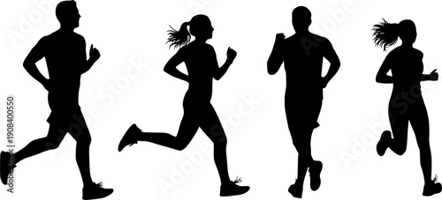Group of male and female running silhouette vectors.