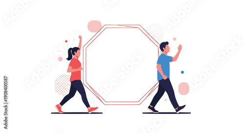 Man and woman in activewear walking past large octagonal frame for copy space and information display concepts.