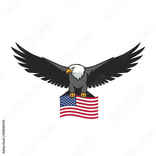 Majestic Bald Eagle Spreading Wings Over American Flag, Symbol of Freedom and Patriotism