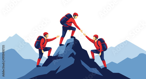 Flat vector illustration of diverse team helping each other climb mountain, symbolizing leadership, support, trust, and achievement through teamwork