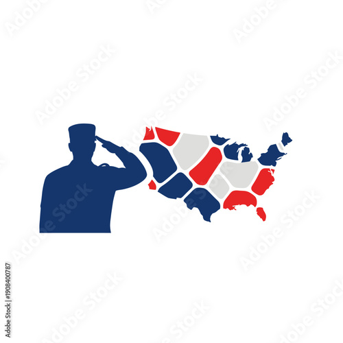 Veteran Saluting USA Map with Red, White, and Blue Colors