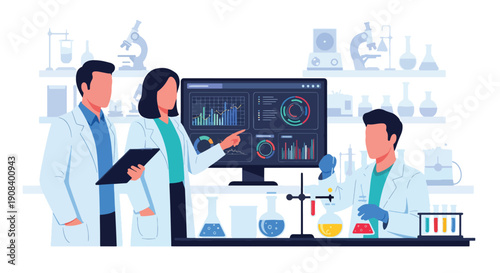 Flat vector illustration of scientists collaborating in laboratory, analyzing data and experiments, showing research teamwork and innovation concept