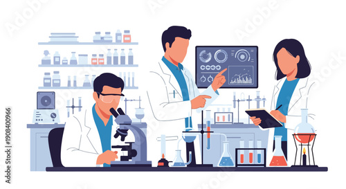 Flat vector illustration of scientists collaborating in laboratory, analyzing data and experiments, showing research teamwork and innovation concept