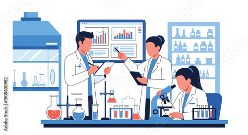 Flat vector illustration of scientists collaborating in laboratory, analyzing data and experiments, showing research teamwork and innovation concept