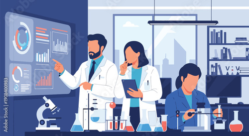 Flat vector illustration of scientists collaborating in laboratory, analyzing data and experiments, showing research teamwork and innovation concept