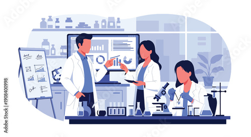 Flat vector illustration of scientists collaborating in laboratory, analyzing data and experiments, showing research teamwork and innovation concept
