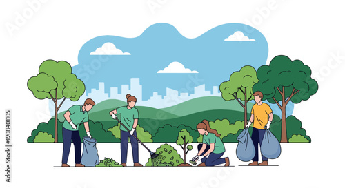 Modern flat vector illustration of community volunteers cleaning park together, showing cooperation, social responsibility, and teamwork spirit