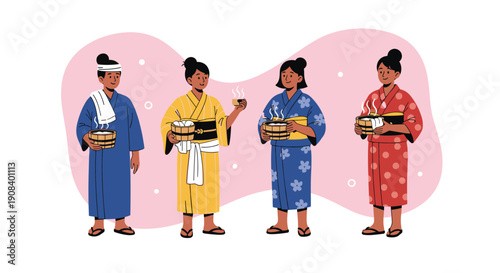 Group of four people wearing traditional japanese yukata holding wooden bath buckets with towels for hot spring onsen experience.