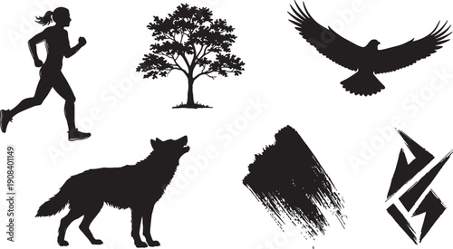silhouette of woman running with dog and bird near tree