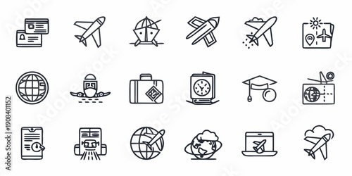 Collection of travel and transportation related line icons in black and white