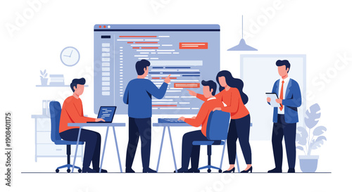 Flat vector illustration of IT specialists solving technical problems together, showing coding collaboration, debugging, and teamwork innovation