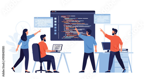 Flat vector illustration of IT specialists solving technical problems together, showing coding collaboration, debugging, and teamwork innovation