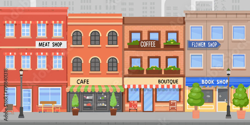 A colorful row of storefronts including a meat shop cafe and flower shop