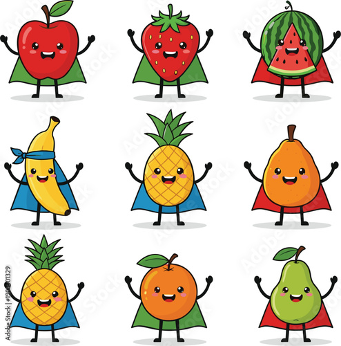Cute superhero fruit collection set with cartoon apple strawberry watermelon banana pineapple pear and orange characters wearing capes isolated on white background.