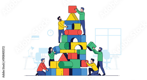Flat vector illustration of coworkers stacking blocks together, symbolizing trust, cooperation, and teamwork stability