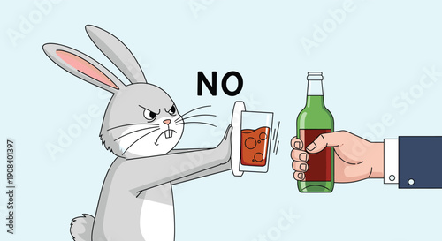 Angry bunny rabbit gesturing no and refusing a glass of alcohol being offered by a hand in a suit for health message.