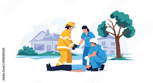 Flat vector illustration of firefighters and medics coordinating rescue operation, showing crisis teamwork and emergency management