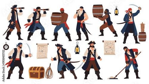 Assorted collection of pirate characters performing various nautical activities like lookout, sword fighting, and carrying heavy wooden barrels.