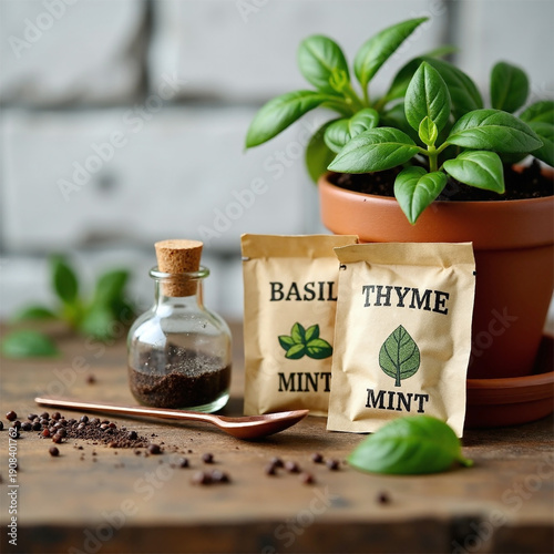 Urban Garden Tool Set: Minimalist Arrangement of Retro Seed Packets and Natural Tools