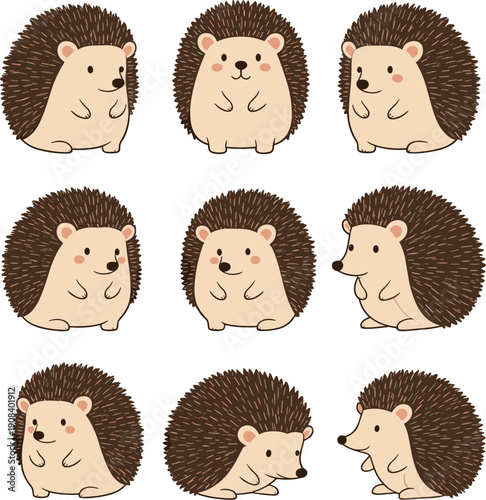 Cute hedgehog character collection set with various cartoon forest animals in different poses and angles isolated on white background for nursery design.