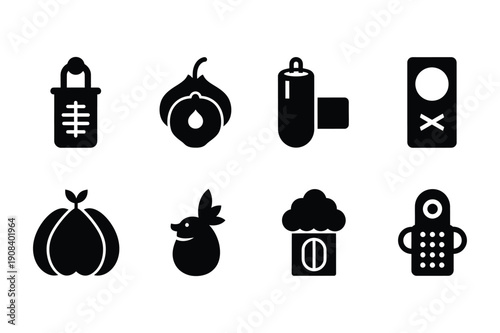 Assorted Food and Object Icons: Garlic, Peach, Punching Bag, Door Hanger