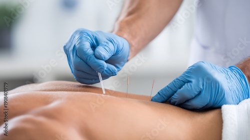 Martial artist performing dry needling therapy muscle tension physiotherapist applying fine needles sterile room