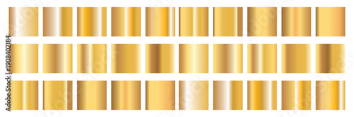 Vector set of different shine texture swatch of golden gradation.  Vector shiny and gradient collection for border, frame. Luxury gold gradients collection vector.