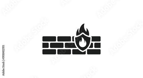 A black silhouette depicts a brick wall with a shield icon containing a flame representing firewall protection